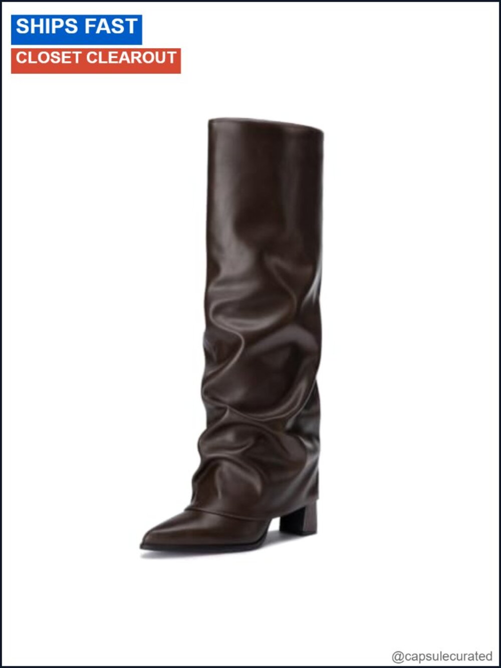 Women's Faux Leather Knee High Fold Over Boots Chunky Heel Pointed Toe